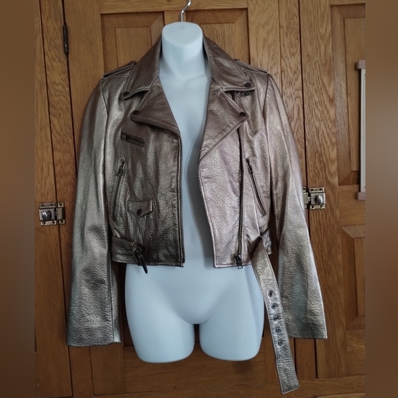 NWT Lamarque Roberto metallic gold leather belted moto jacket - Picture 10 of 15